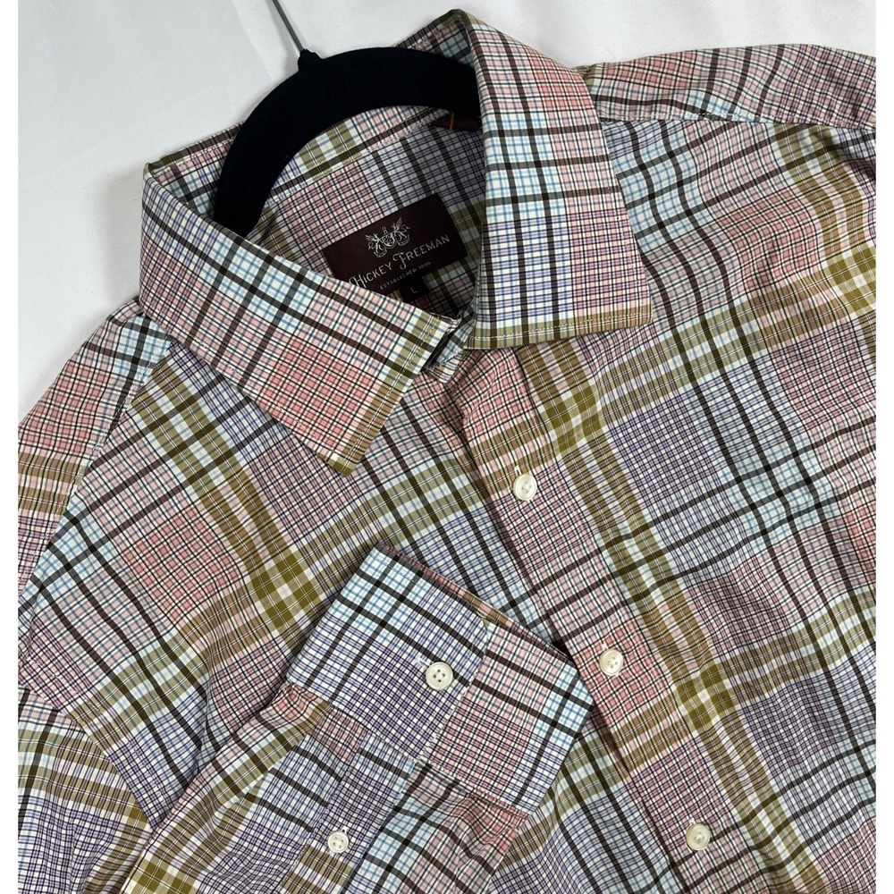 Hickey Freeman‎ Plaid LG Oxford Dress Shirt Point Collar Cotton Purple Tan Blue